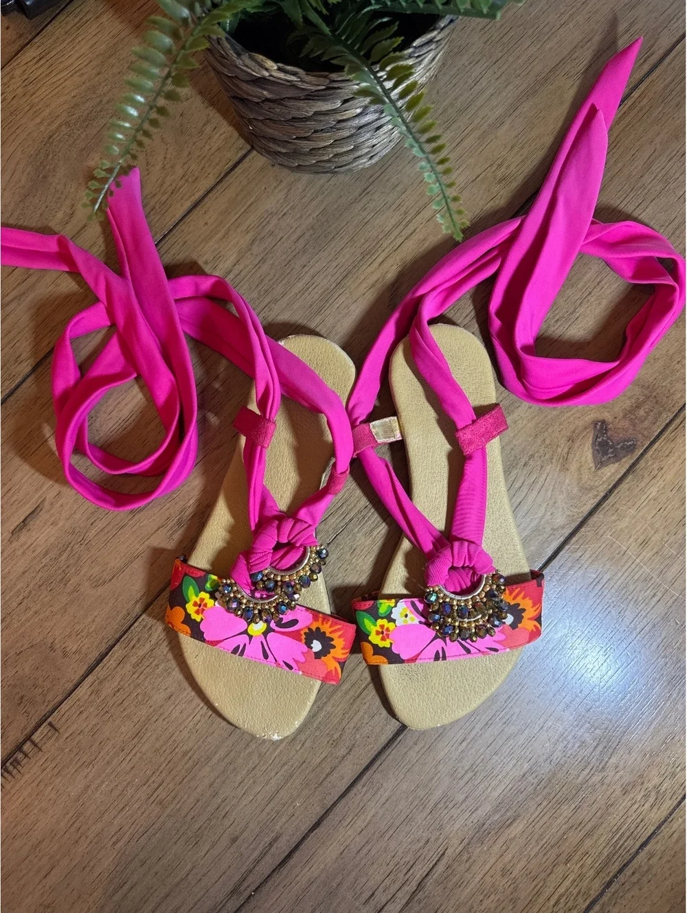Handmade Hot Pink Floral Wrap Sandals Size 7 – Beaded Boho Style